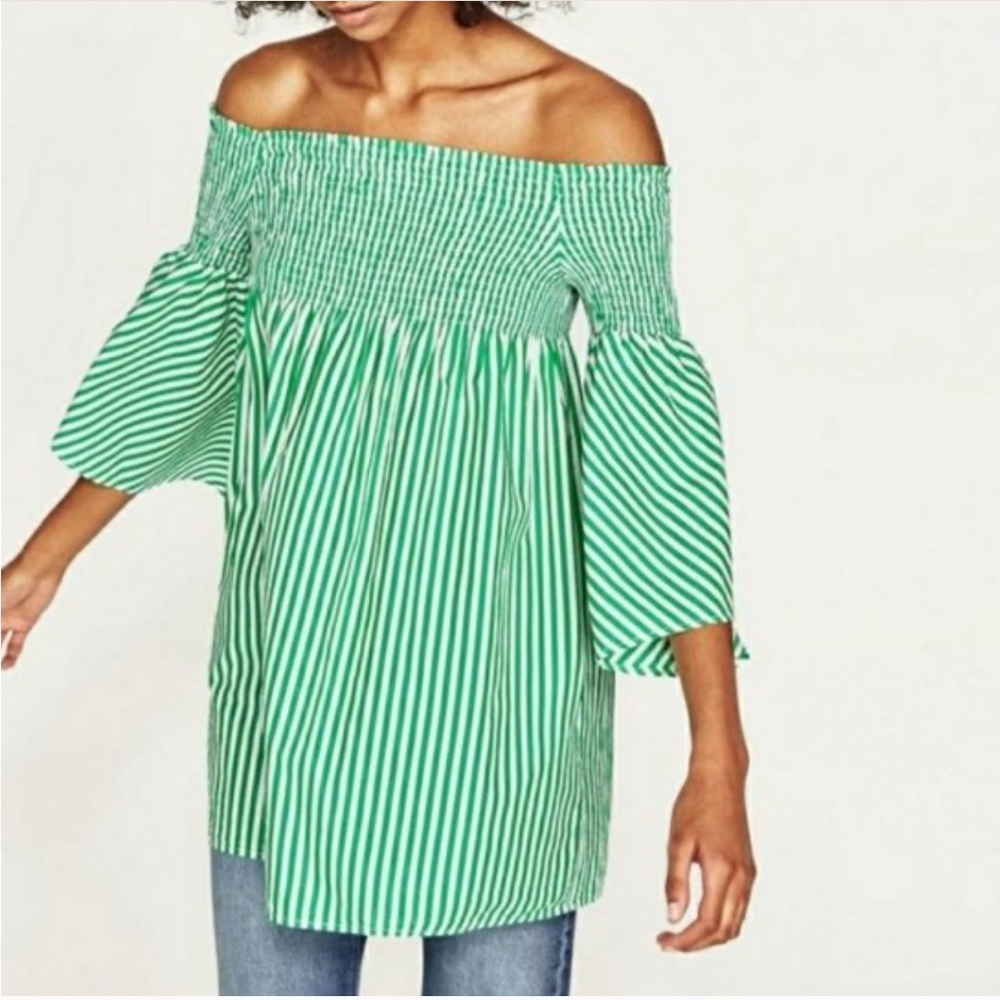 Zara green striped flare bell sleeve top